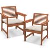 Set of 2 Patio Solid Wood Dining Chairs with Cushions and Slatted Seat