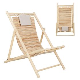 Solid Fir Wood Lounge Chair with 3-Level Adjustable Backrest and Soft Padded Headrest-Natural