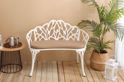 Outdoor Patio Bench; Garden Bench with Cushion All-Weather Cast Aluminum Extra Loveseat for Lawn Front Porch Path Yard Decor Deck Furniture White