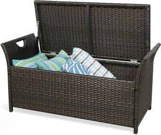 Patio Wicker Storage Bench Outdoor Rattan Deck Storage Box with Cushion (Beige)