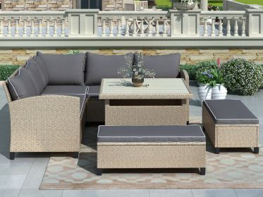 TOPMAX 6-Piece Patio Furniture Set Outdoor Wicker Rattan Sectional Sofa with Table and Benches for Backyard, Garden, Poolside