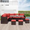 PE Wicker Patio Outdoor Furniture Brown Red Couch Sofa Set Foot Stool Side Table Sectional