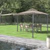 Patio 9.8ft.L x 9.8ft.W Gazebo with Extended Side Shed/Awning and LED Light for Backyard,Poolside, Deck, Brown