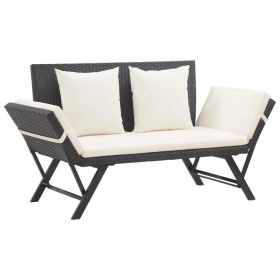 Patio Bench with Cushions 69.3" Black Poly Rattan (Color: Black)