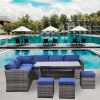 Outdoor Patio Furniture Set,7 Pieces Outdoor Sectional Conversation Sofa with Dining Table,Chairs and Ottomans,All Weather PE Rattan and Steel Frame,W