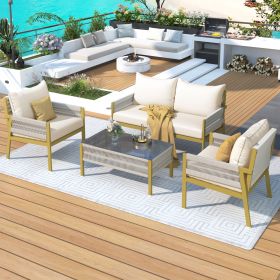 K&K 4-Piece Rope Patio Furniture Set, Outdoor Furniture with Tempered Glass Table (Color: as Pic)