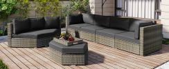 U-style Patio Furniture Set, 6 Piece Outdoor Conversation Set All Weather Wicker Sectional Sofa with Ottoman and Cushions and Small Trays