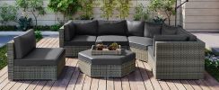 U-style Patio Furniture Set, 6 Piece Outdoor Conversation Set All Weather Wicker Sectional Sofa with Ottoman and Cushions and Small Trays